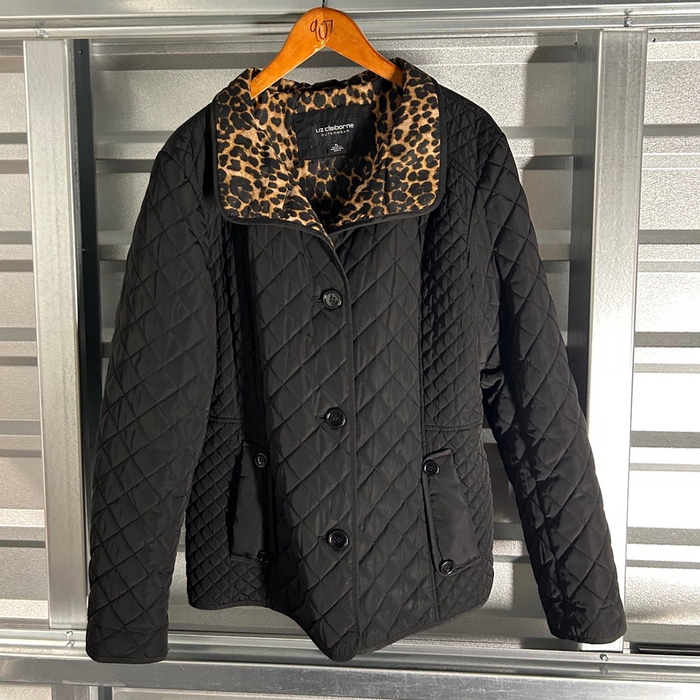 Liz Claiborne Quilted Jacket Womens XL Black Leopard Print Collar Chic Fall Coat